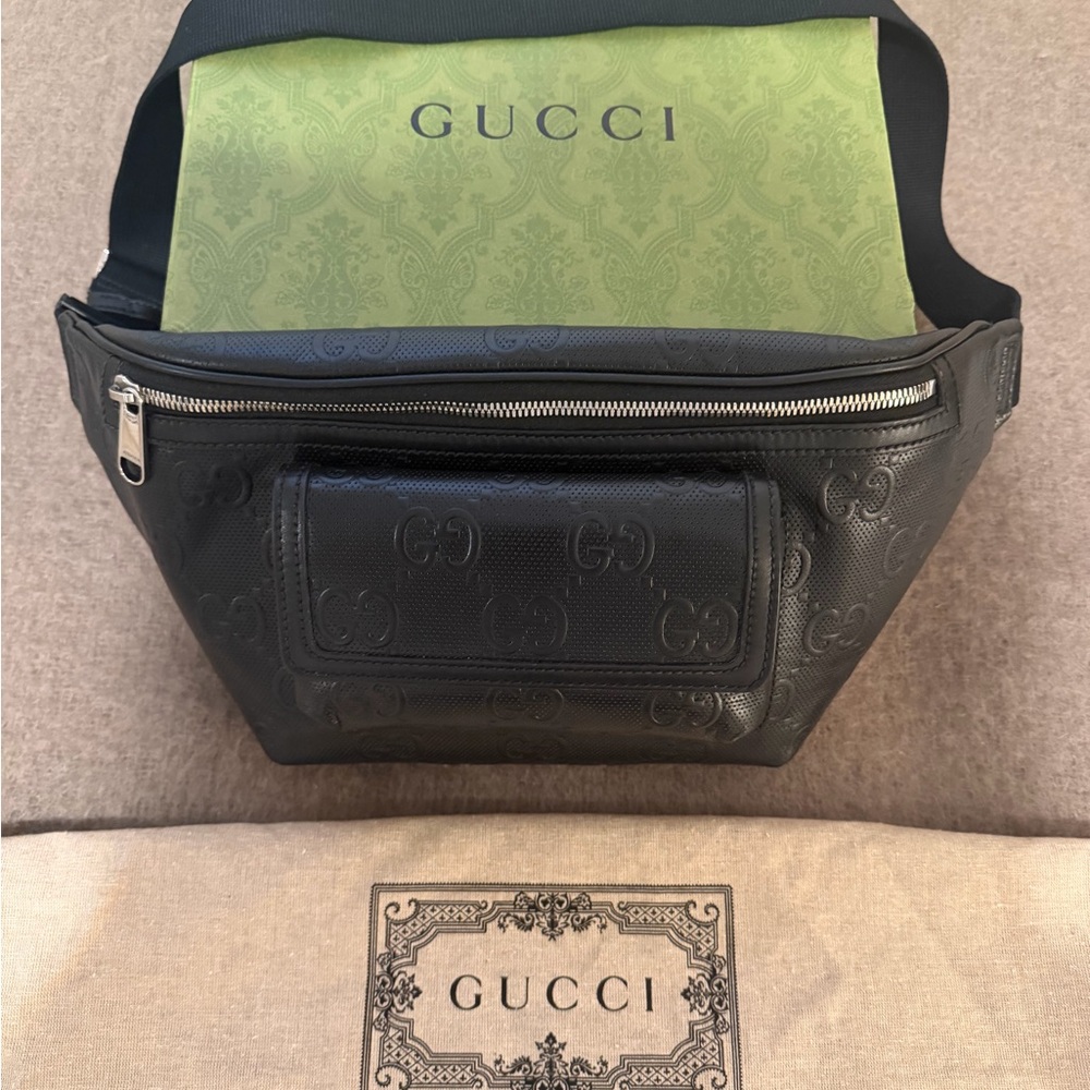 Gucci Oversized  Jumbo All Black  Leather Monogram  Waist Belt